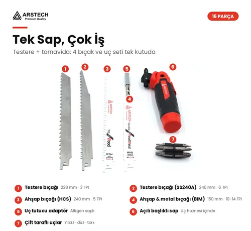 Arstech ARSMTS0001 Multi Tilki Kuyruğu Dekubaj Testere Seti 16 Parça