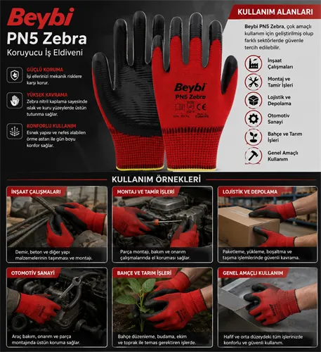 Beybi PN5 Kırmızı Siyah Polyester Eldiven No:10