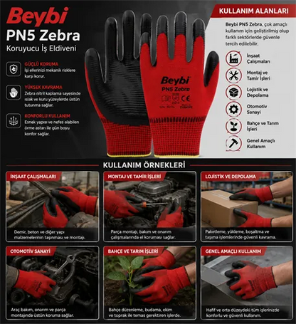 Beybi PN5 Kırmızı Siyah Polyester Eldiven No:10