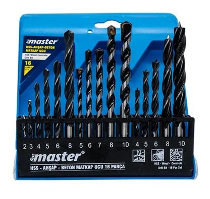 Набор сверл Master 530850 для металла, дерева, бетона, 16 шт.