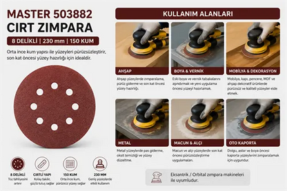Master 503882 Cırt Zımpara 8 Delikli 230 mm 150 Kum