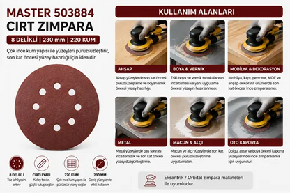 Master 503884 Cırt Zımpara 8 Delikli 230 mm 220 Kum
