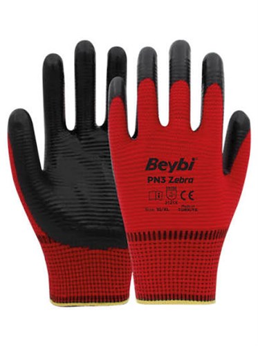 Beybi Pn3 Zebra Kırmızı Siyah No:9 Nitril Iş Eldiveni