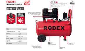 Rodex RDX751 Yağsız Hava Kompresörü 50L Tank 2 HP